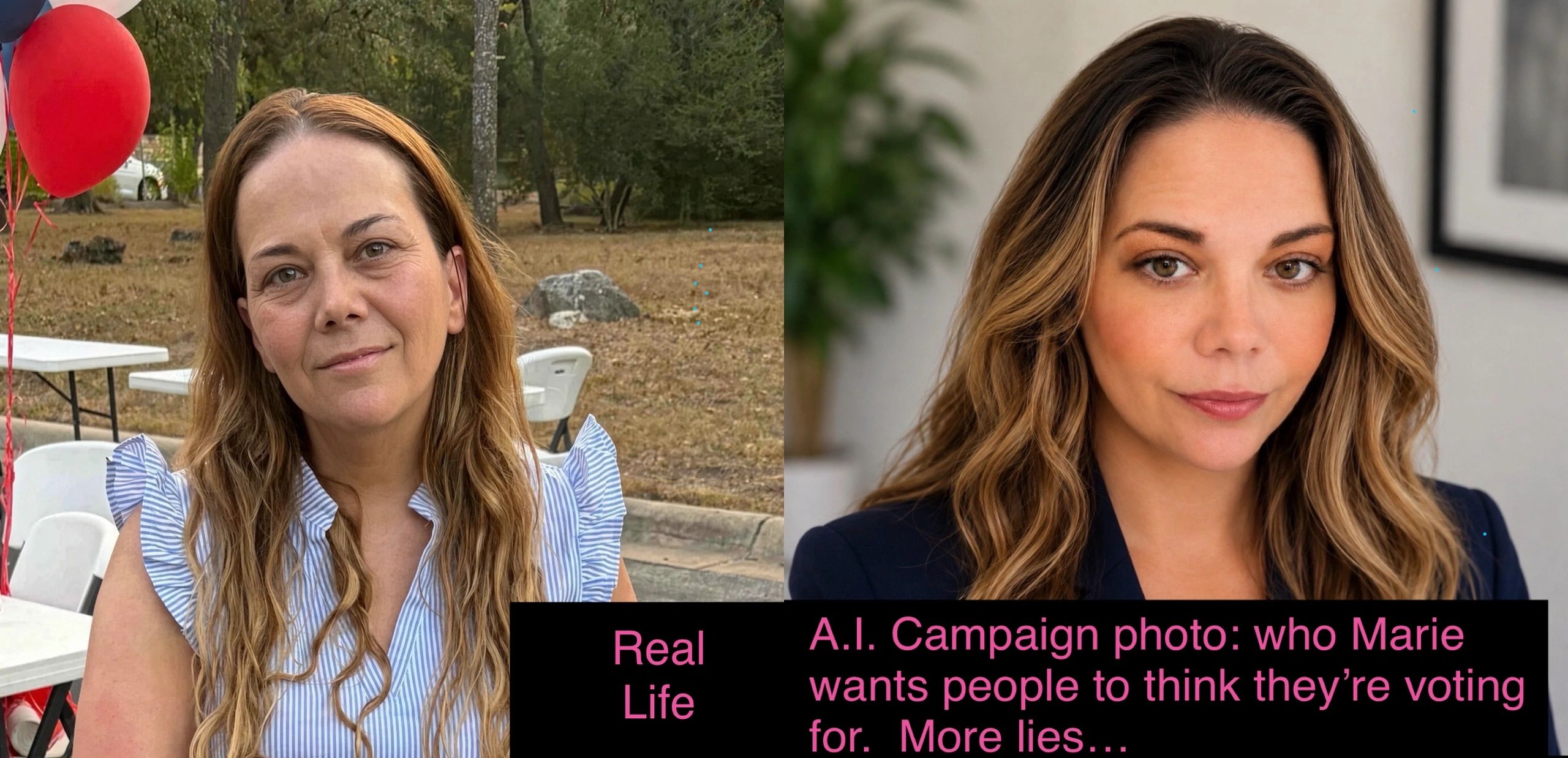 Split-screen comparison: Marie Lebron in real life vs. AI-generated campaign photo